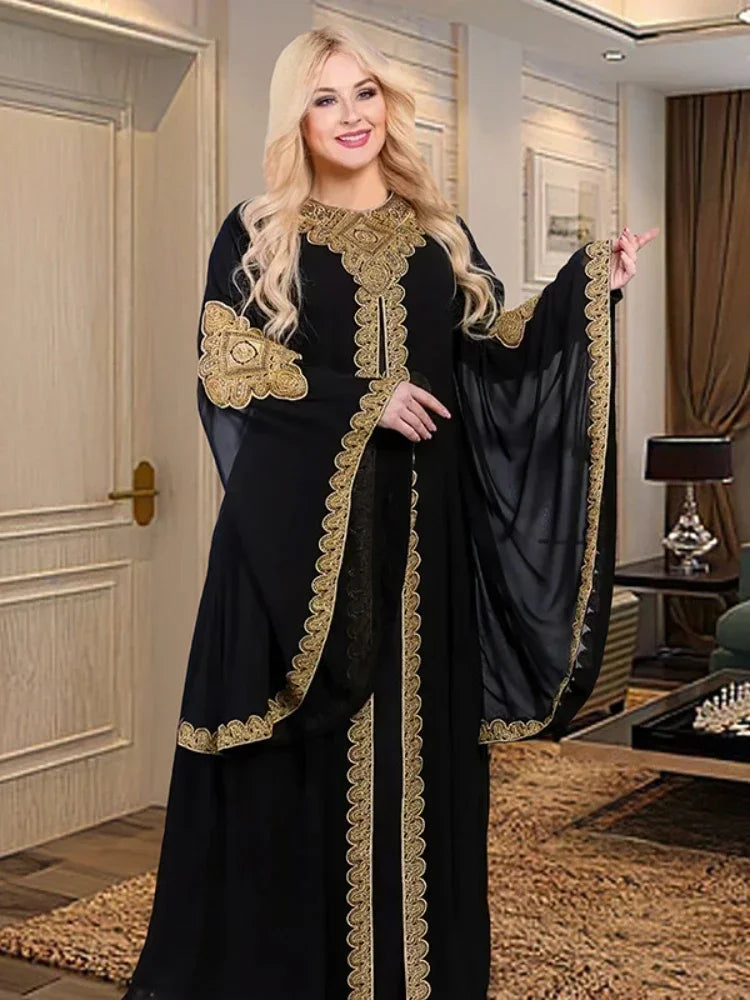 Partykleider für Frauen, Abaya, muslimischer Kaftan, 2-teiliges Set, Eid-Flare-Ärmel, Robe, bestickt, goldene Spitzenkleid, Anzug, Jalabiya Ramadan.