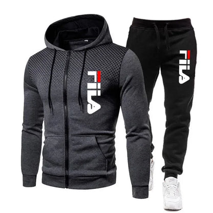 New men's casual jogging fitness fashion sports clothing set autumn and winter printed zipper hoodie + two sets of stretch pants.