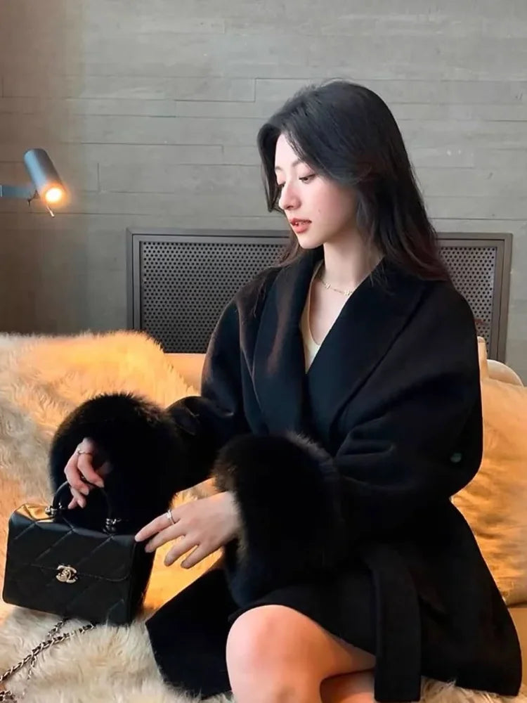 Lässiger, einfarbiger Wollmantel mit Schalkragen, modischer, lässiger, einreihiger Tasche, lockere Oberbekleidung, 2025, neue Highstreet-Jacke