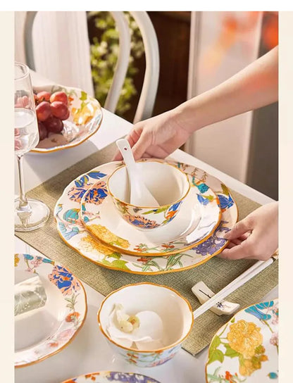 1PC Chinese-style Ceramic Plates New Flower-patterned Dinner Plates Ceramic Fruit Salad Plates Exquisite Kitchen Accessories.