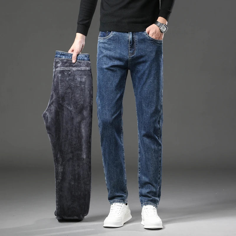 Winter Fleece Thick Warm Jeans Men's Slim Straight Elastic Denim Pants Casual Male Clothing Fashion Plush Trousers.