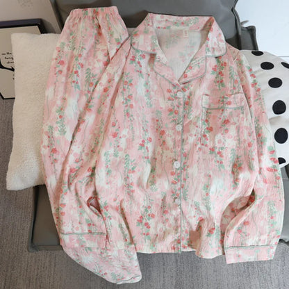 Autumn and Winter Pajamas Women Long Sleeve Pants Cardigan Sweet Print Cartoon Student Plus Size Loungewear Two-Piece Set