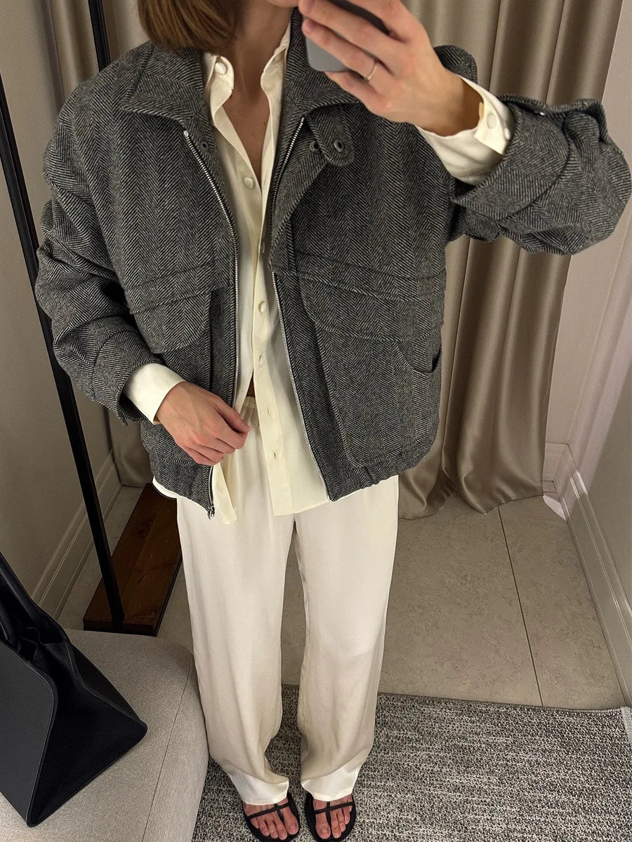 Tossy Autumn Grey Zipper Outwear Jackets Female Solid Loose Patchwork High Waist Cropped Top Coat Streetwear Women's Y2k Jackets.