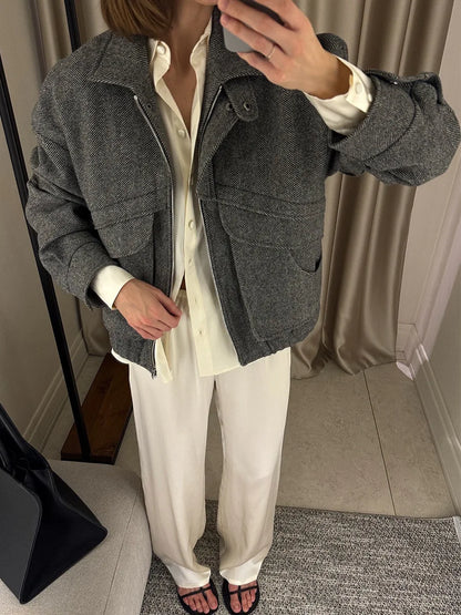 Tossy Autumn Grey Zipper Outwear Jackets Female Solid Loose Patchwork High Waist Cropped Top Coat Streetwear Women's Y2k Jackets.