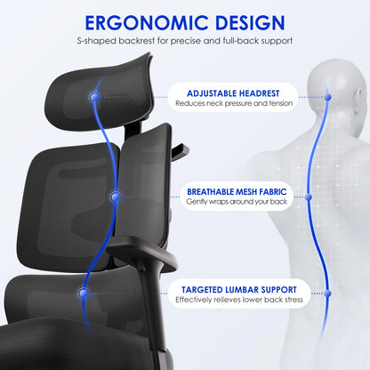 AUTHMIC Premium Ergonomischer Bürostuhl mit 6D-verstellbaren Armlehnen, 3D-Kopfstütze, 3-Zonen-Rückenlehne, 200 kg Tragkraft, Liegestuhl 90 ° -160 °