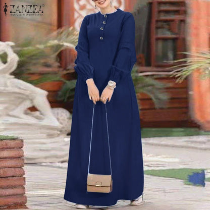 ZANZEA Muslim Women's Maxi Dress Islamic Hijab O Neck Half-Button Denim Blue Abaya Holiday Lantern Sleeve Loose Casual Vestidos.