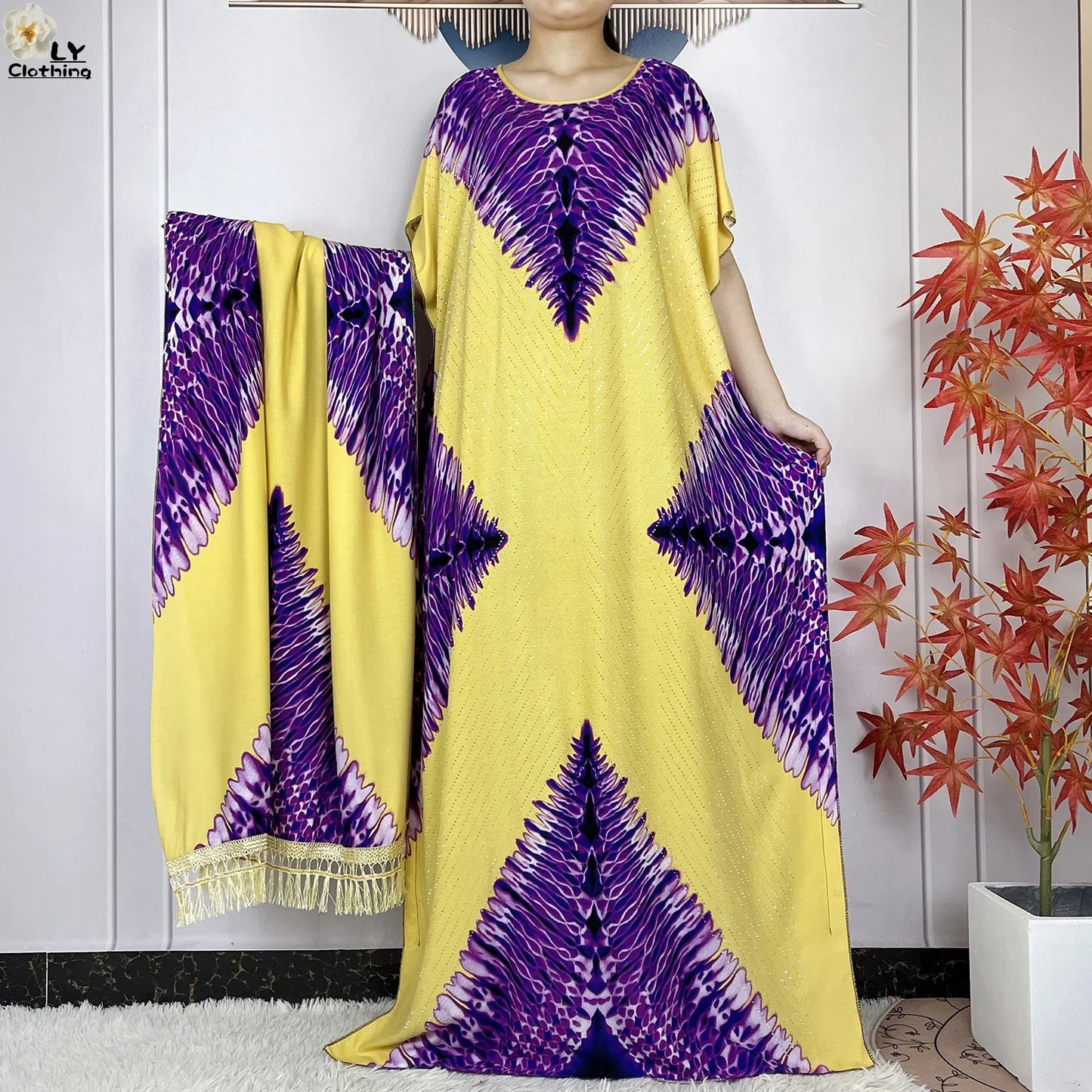 2024 New Muslim Women Dashiki Printed Dress Flower Diamonds Loose Dress With Big Scarf Islamic African Women Short Sleeve Abaya