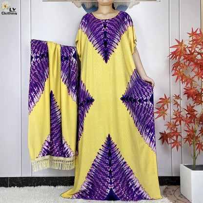 2024 New Muslim Women Dashiki Printed Dress Flower Diamonds Loose Dress With Big Scarf Islamic African Women Short Sleeve Abaya