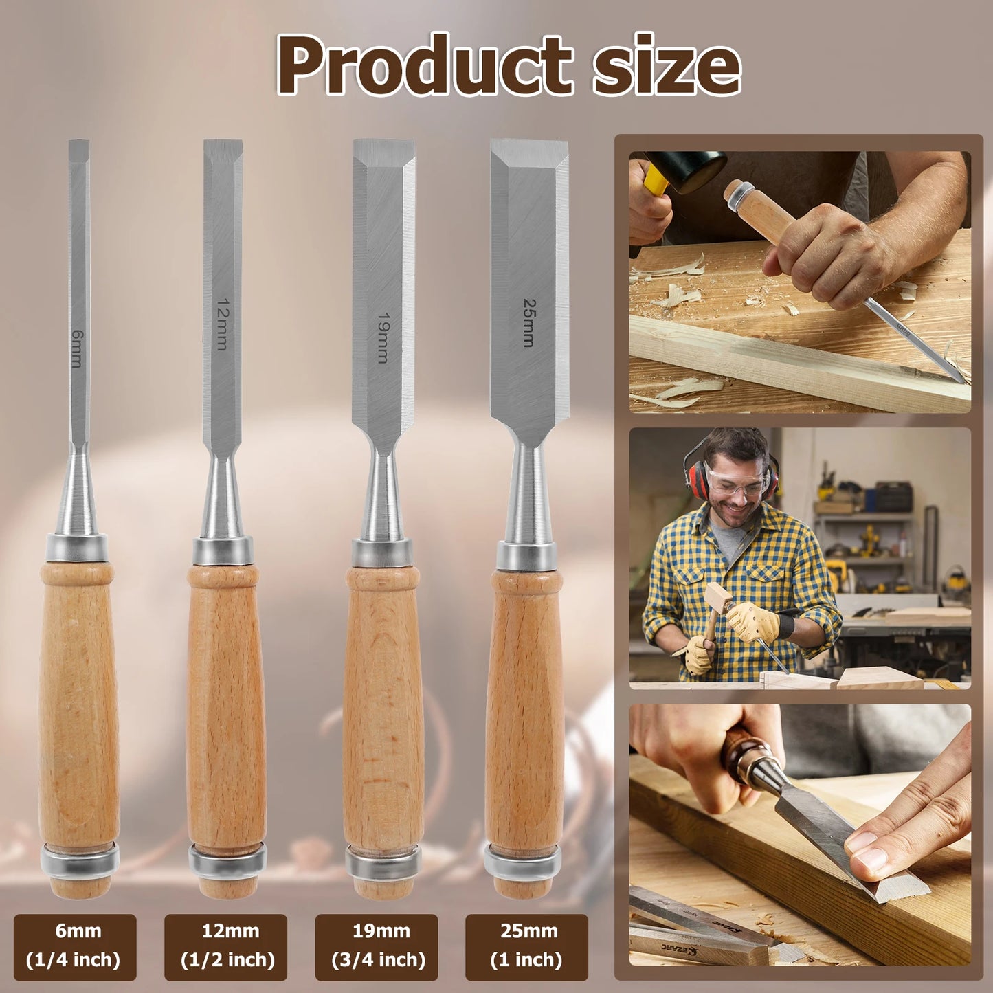 4-teiliges Holzmeißel-Set, scharfe Chrom-Vanadium-Stahl-Holzschnitzmeißel mit Griffen aus Buche, ergonomische Holzschnitzwerkzeuge