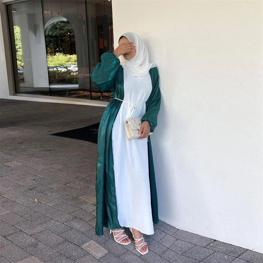 Ramadan Eid Open Satin Kebaya Abaya Dubai Luxury Kimono Kaftan Muslim Islam Dress Abayas For Women Caftan Robe Femme Musulmane.