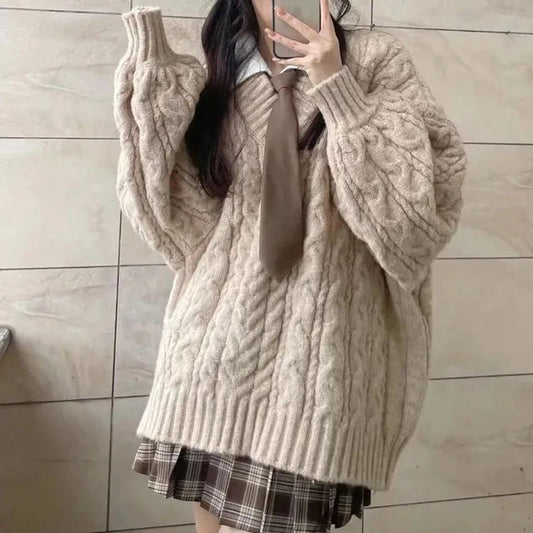 Herbst Winter Frauen Pullover Harajuku Übergroßen Gestrickte Pullover Koreanische Langarm V-ausschnitt Strickwaren Preppy Solide Lose Jumper