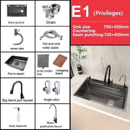 Stainless Steel Kitchen Sink Embossed Large Single-Slot With Kitchen Faucet Multifunctional Washbasin for Apartment