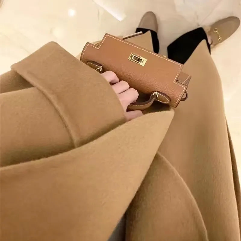 Mode Schwarz Lange Woolen Mantel Mit Gürtel Frauen Lose Revers Mantel Herbst Winter Warme Dame Oberbekleidung High Street.