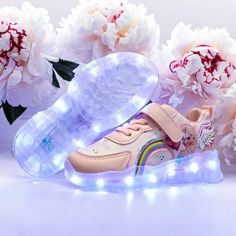 Disney Children's Casual Shoes LED Rechargeable Luminescent Shoes  Cartoon Princess Elsa Girls Pink Sports Sneakers Size 26-35.