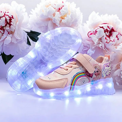 Disney Children's Casual Shoes LED Rechargeable Luminescent Shoes  Cartoon Princess Elsa Girls Pink Sports Sneakers Size 26-35.