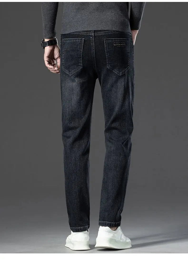 Autumn New Men's Business Jeans High Elasticity Straight Denim Trousers Men's Pants Work Clothes Haze Blue Black Gray Brand.