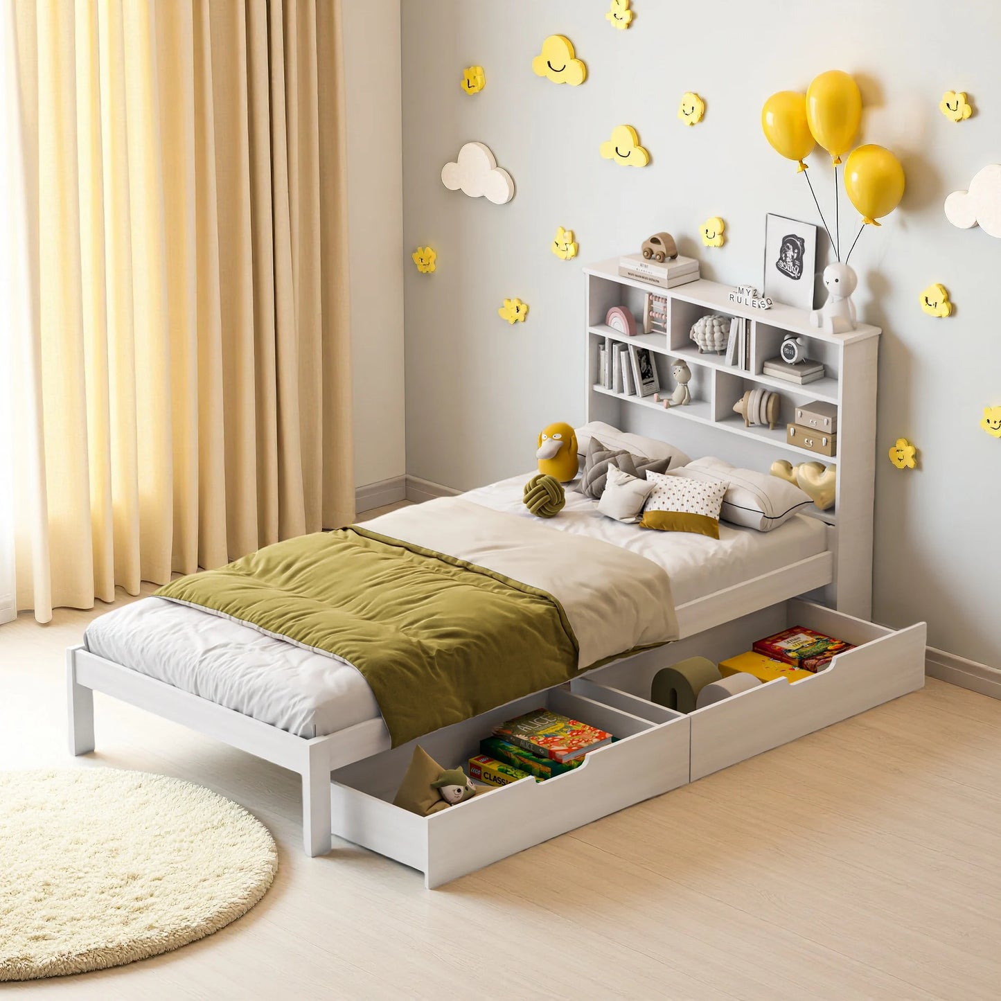 Rosahqnda Massivholz-Bettgestell 90 x 200 cm, Kinderbett mit Schubladen und Kopfteil für Bücher, Einzelzimmer, Weiß