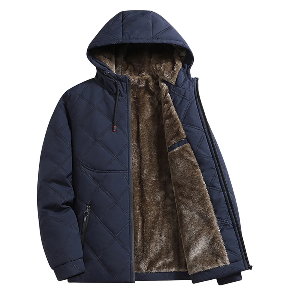 Winter Windproof Thermal Diamond-Pattern Fleece-Lined Thickened Cotton Coat Business Casual Hooded Jacket Fashionable Menswear