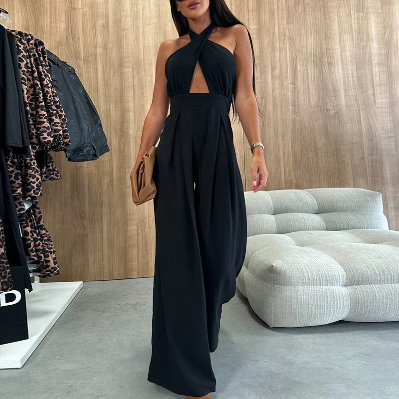 Women Fashion Hollow Combination High Street Hollow Backless Slim Long Jumpsuit 2025 Solid Cross Halter Wide Leg Office Rompers.