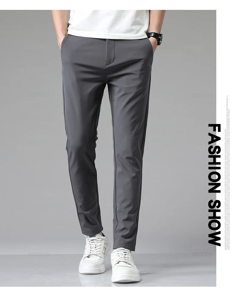 Autumn Winter Casual Pants Men Thick Business Stretch Slim Elastic Waist Jogger Korean Classic Black Gray Blue Trouser Male.