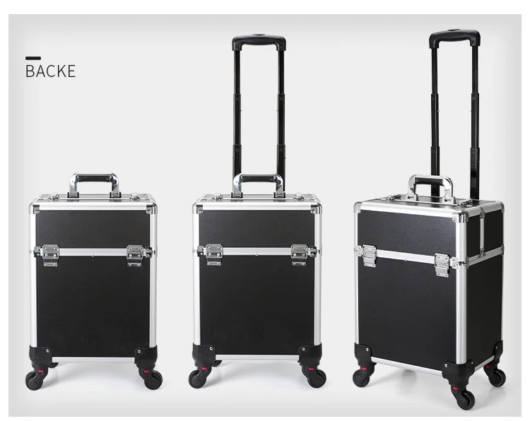 TravelRolling Makeup Train Case Large Capacity Cosmetic Trolley, Aluminum Professional Travel Case with Key