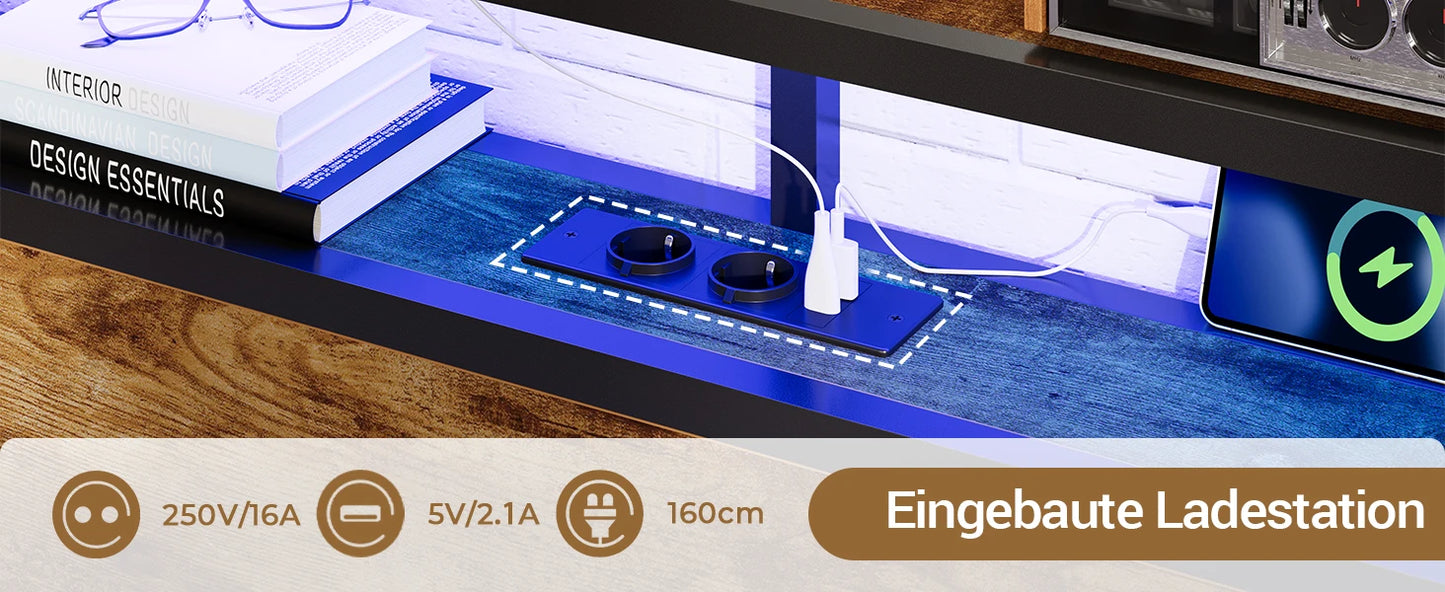 120 x 200 LED-beleuchteter Metallbettrahmen mit Steckdose und USB-Ladefunktion, Holzkopfteil, Stauraumbett B