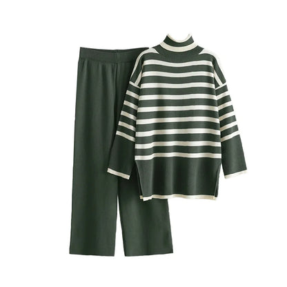 Muslim Women Knitting 2 Piece Sets Striped Sweater Pullover Top Wide Leg Pants Suit Outfits Knitwear Turtleneck Ensemble 2025.