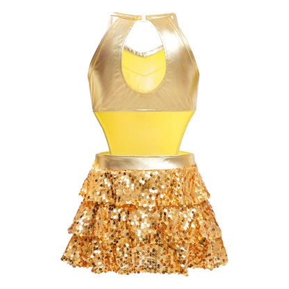 Kinder Mädchen Pailletten Jazz Ballett Tanzkleid Ärmellos Ausschnitt Tiered Rüschen Trikot Salsa Samba Rumba Skating Performance Kostüm