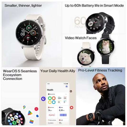 OnePlus Watch 3 43mm Smartwatch 1.32 inches AMOLED  Display Snapdragon W5 Gen 1,7 days Battery Bluetooth 5.2 NFC Google Wallet,SpO2,Sleep Blood Oxygen,Heart rate tracking,100+ original watch faces and Google play.