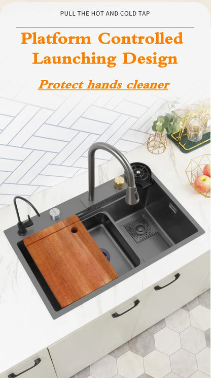 Wasserfall-Küchenspüle aus Edelstahl 304, Zughahn, Einzelschlitz, Hochdruckbecher, Waschmaschine, Café, Weinbar, Waschbecken