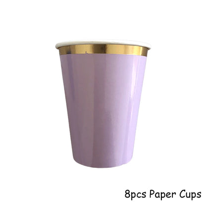 Purple Gold Party Paper Cup Plate Straw For Birthday Carnival Kids Favors Wedding Decor Disposable Tableware Party Supplies.