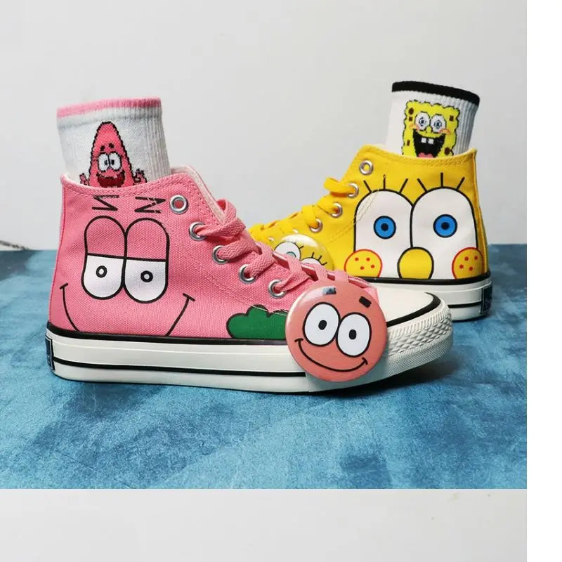 Summer new student Spongebob Squarepants High top canvas shoes cute girl cartoon street sneakers.