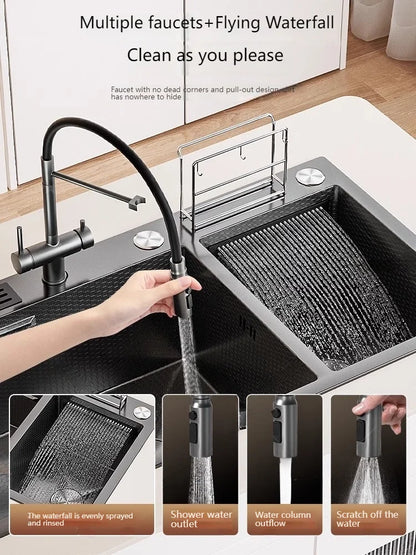 Waterfall Kitchen Sink Stainless Steel Multifunctional Undermount Washbasin Double Slot Dishwashing Sinks