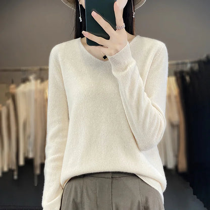 Women 100% Merino Wool Sweater V-Neck Basic Pullover Autumn Winter Cashmere Clothing Long Sleeve Soft Knitwear Tops Solid Color
