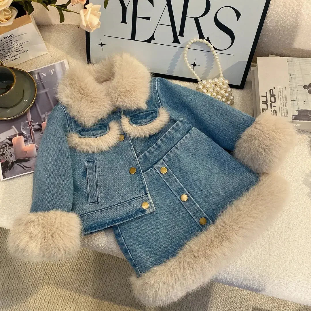 Children's Sets Girls' Fleece-Lined Denim Set Korean Winter Jacket & Skirt 2-Piece Thickened Outfit for Toddlers.