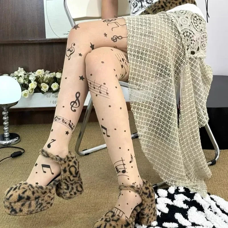Women Personalized Stocking Gothic Music Notes Print Tights Thin High Elasticity Black Skin Leggings Spicy Girls Y2K Hosiery
