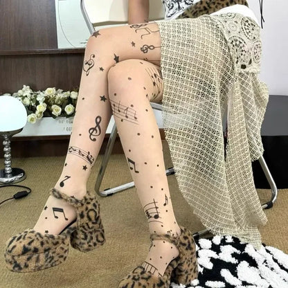 Women Personalized Stocking Gothic Music Notes Print Tights Thin High Elasticity Black Skin Leggings Spicy Girls Y2K Hosiery