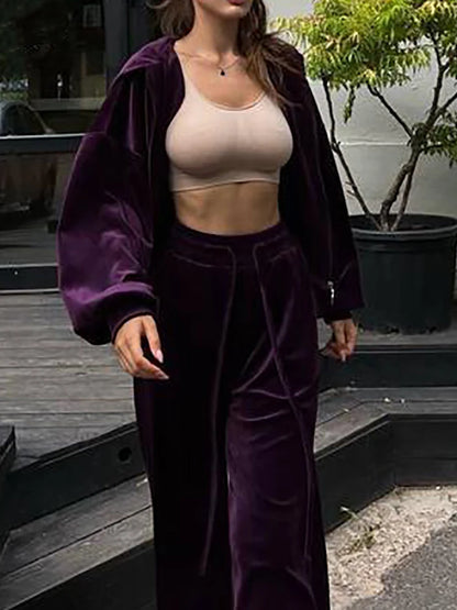 Women Autumn Hooded Coat Two Pieces Sets, Solid Patchwork Wide Leg Pants Chic Outfit, New Long Sleeve Casual Simple Ladies Suits