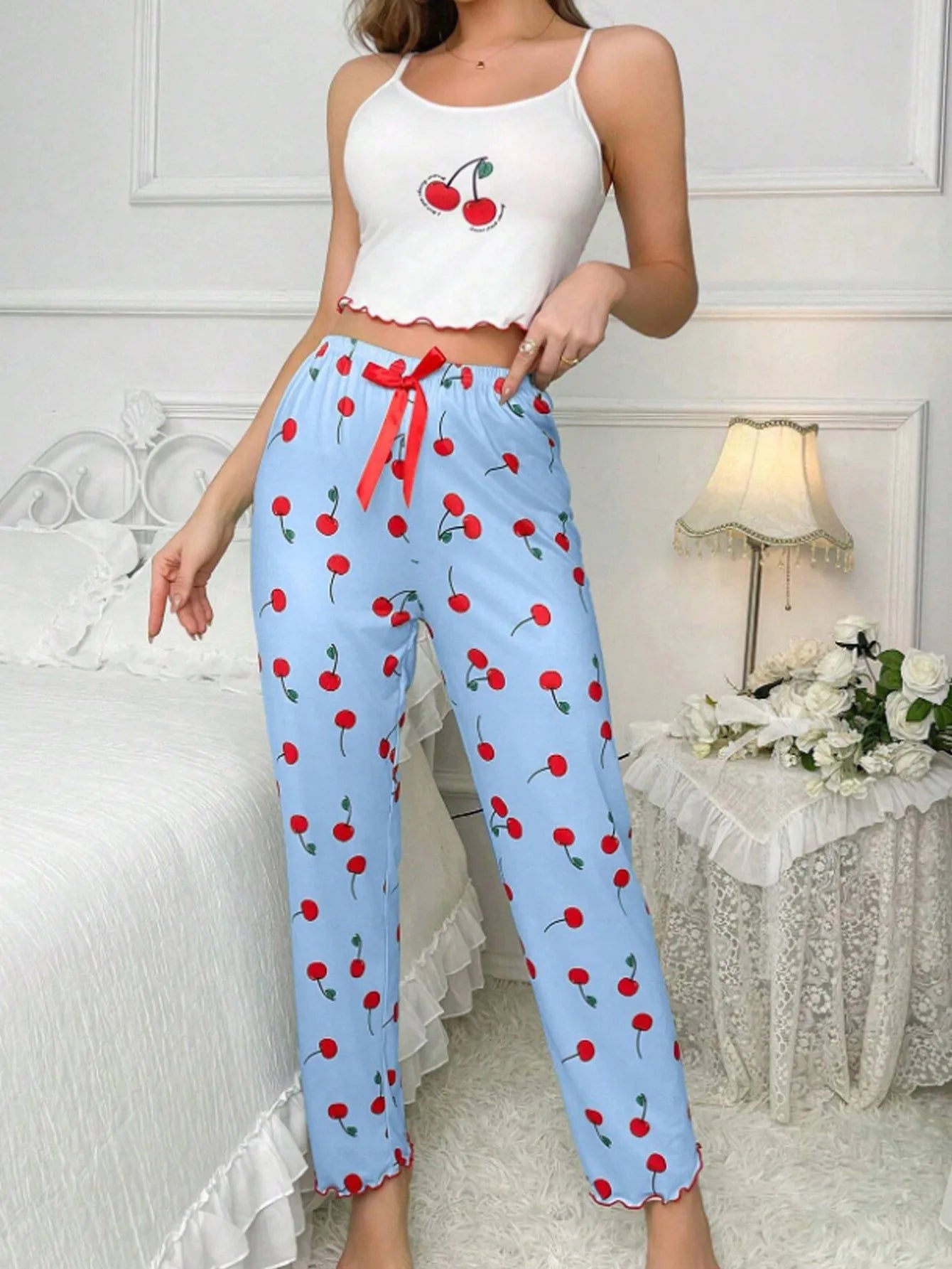 Y2K Coquette Cherry Print Pyjama Set Damen Cami Crop Top Hosen Zweiteilige Nachtwäsche Loungewear Sommer Frühling Herbst Outfits.