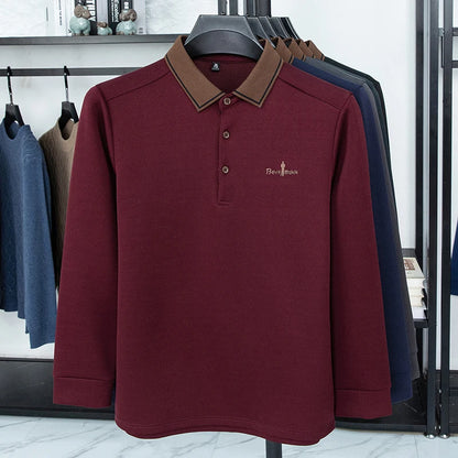 Men's Polo Shirt Long Sleeve Luxury Brand Autumn Winter Lapel Collar Button Business Casual Classic Office Warm T-shirt Menswear.
