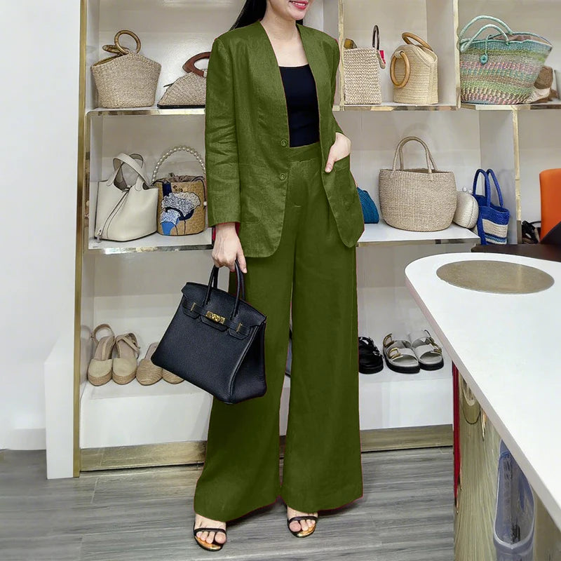 ZANZEA Autumn Fashion 2 Pieces Sets Women V-Neck Long Sleeve Blazer & Wide Leg Pants 2pcs Suits Office Commuting Solid Pant Sets.