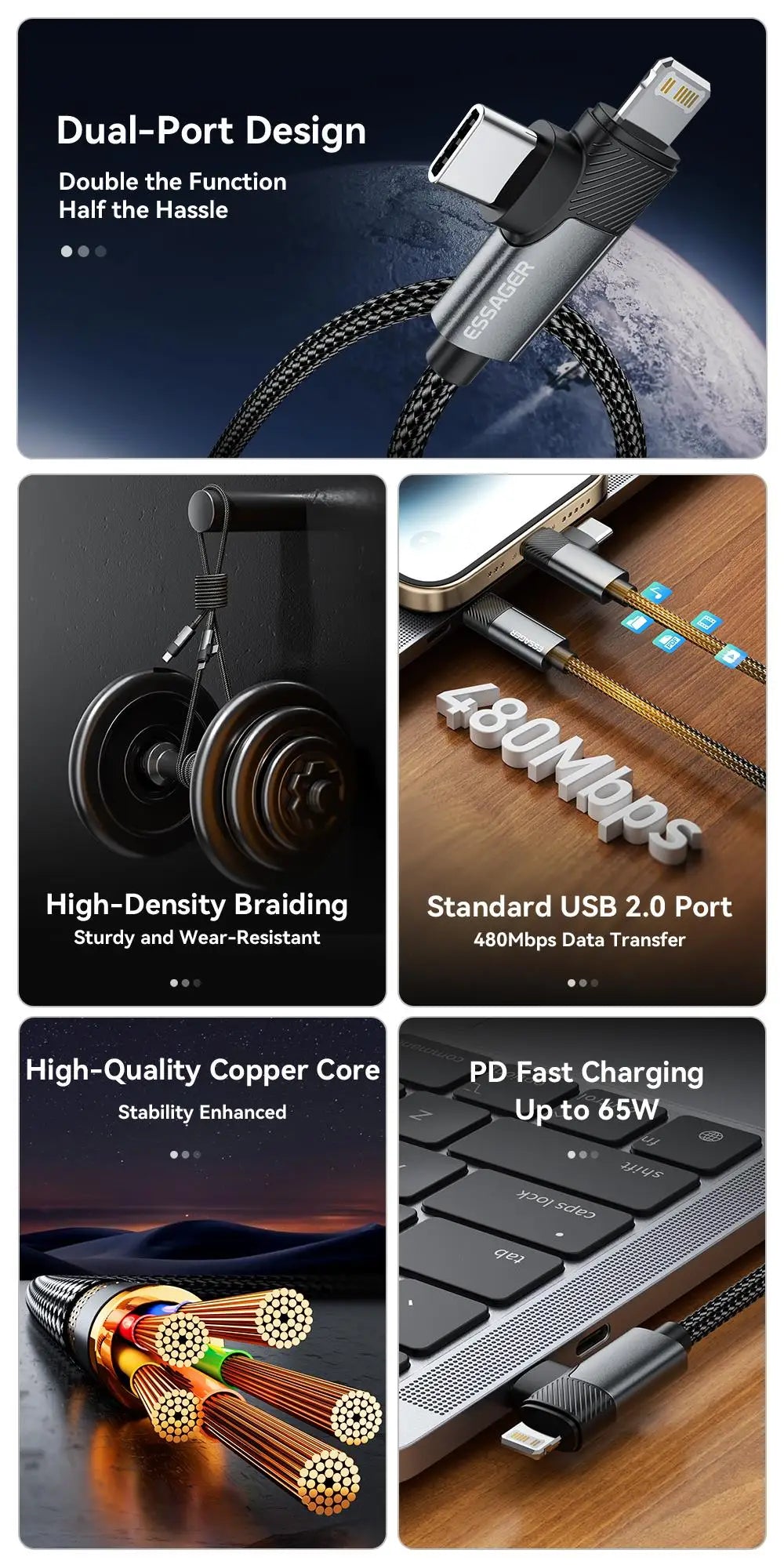 Essager 2-in-1 Right Angle Cable PD 65W 29W Fast Charging Elbow Data Cable For iPhone 15 14 13 MacBook Lenovo Asus Dell iPad Pro.