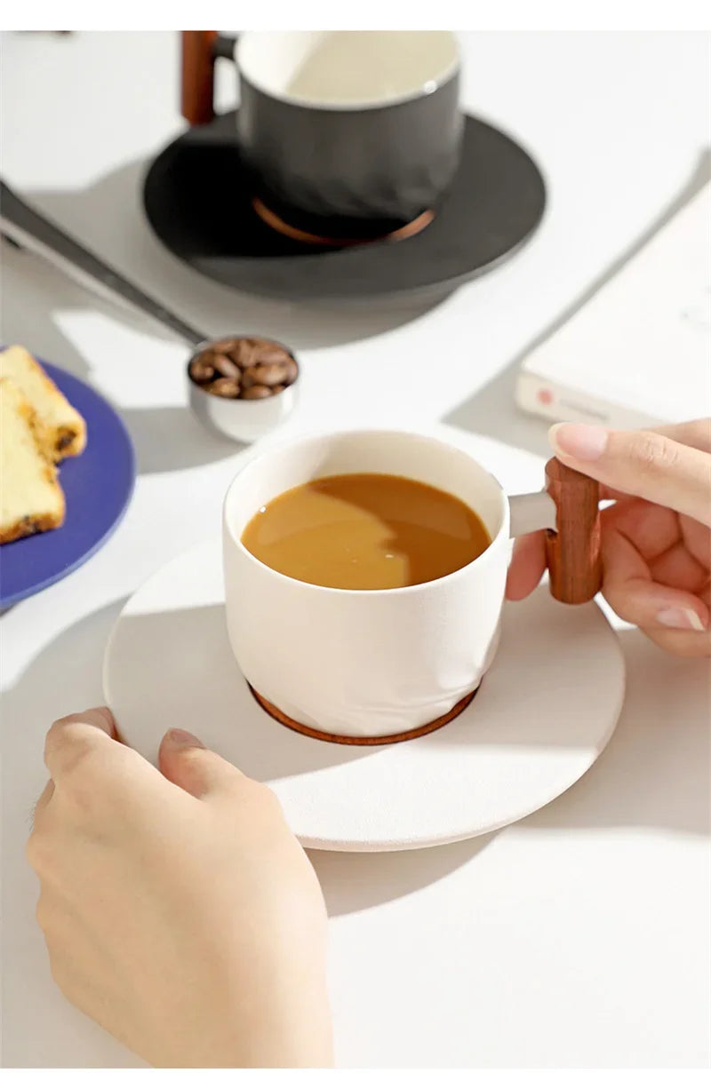 Blue Retro Ceramic Coffee Cup with Saucer 130ml Wooden Handle Tea Water Cup Filter Tea Mug Handmade Frosted Tea Coffee Cup Gift.