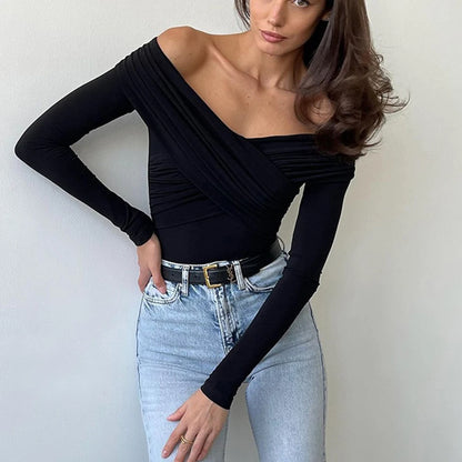 Casual Daily Wear Top Fashiontop Slim Fit Bodysuit Off-shoulder Top Brand New Condition Cross Design Four Seasons Wear.