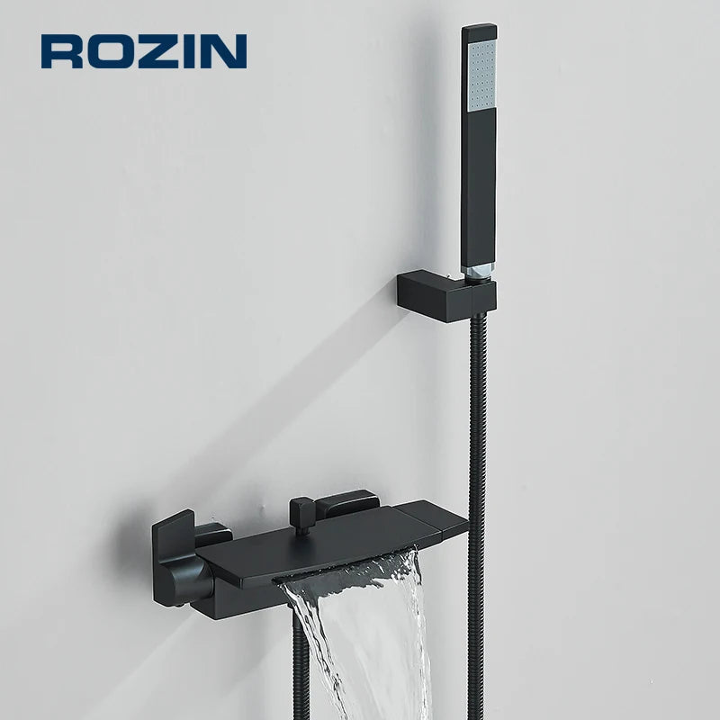 Black Waterfall Shower Faucet Bathroom Wall Mounted Bathtub Shower Faucets Dual Handles Hot Cold Water Mixer Tap with Handshower