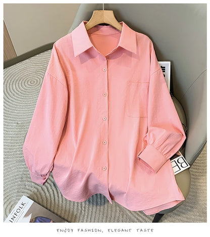 Plus Size Women's Blouses 2025 Spring Autumn Simple Lady Shirts Long Sleeve Big Pockets Shirt Loose Casual Tops