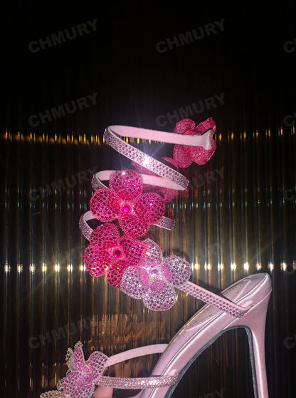 CHMURY Pink Flower Rhinestone High Heels Sandals Shoes Sexy Rose Red Luxury Designer with Wrap Strap  for Women Prom Party 2024.