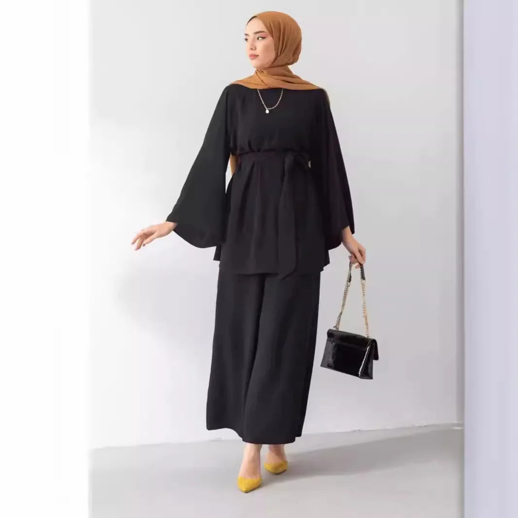 Eid Muslim Two Piece Set Islam Women Lace Up Shirt Wide Leg Pants Suits Ramadan Turkey Outfits Modest Morocco Abayas Ensembles.