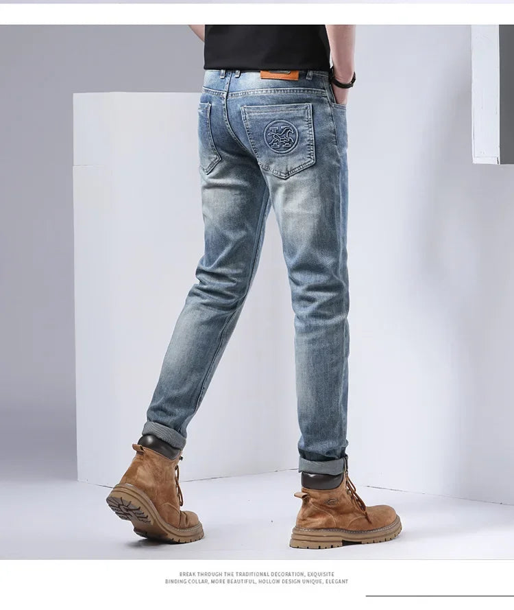 2024 Men's Fashionable Simple Stretch Slim Fit Denim Trousers European Style High Quality Casual Export Men Pants