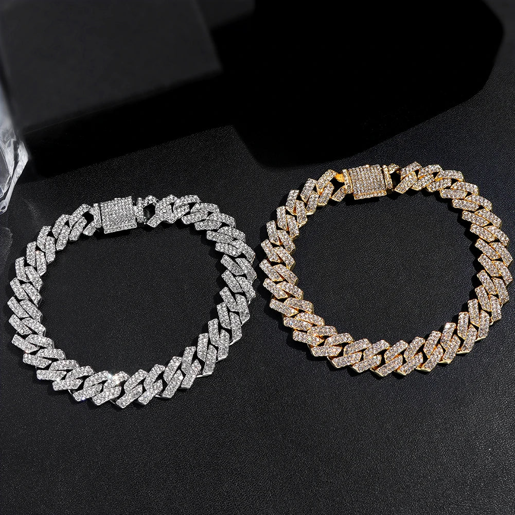 14MM Iced Prong Link Cuban Chain Bracelets for Men Women Full Rhinestones Chunky Miami Cuban Bracelet Punk Hip Hop Jewelry Gift.